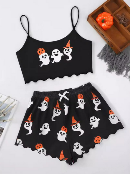 Halloween Sleepwear- Halloween Theme Print Galore Crop Top Shorts Pajama Set- Pattern8- IndioGear.com