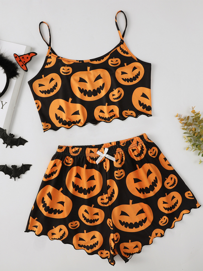 Halloween Sleepwear- Halloween Theme Print Galore Crop Top Shorts Pajama Set- Pattern2- IndioGear.com