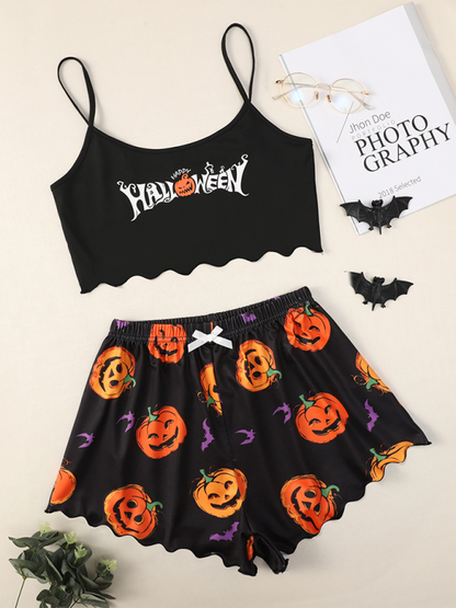 Halloween Sleepwear- Halloween Theme Print Galore Crop Top Shorts Pajama Set- Pattern3- IndioGear.com