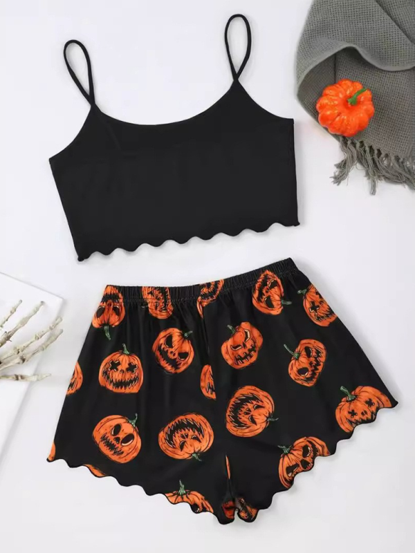 Halloween Sleepwear- Halloween Theme Print Galore Crop Top Shorts Pajama Set- - IndioGear.com