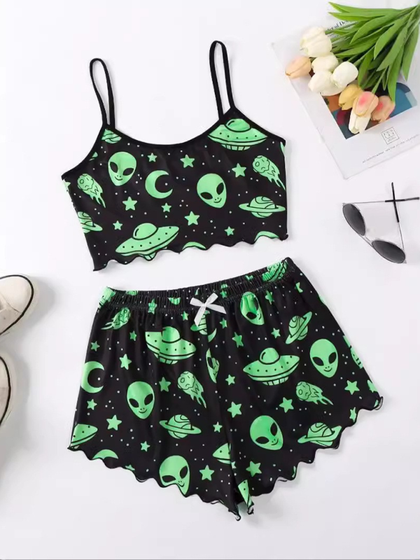 Halloween Sleepwear- Halloween Theme Print Galore Crop Top Shorts Pajama Set- Pattern9- IndioGear.com