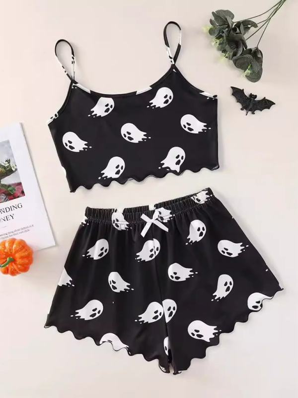 Halloween Sleepwear- Halloween Theme Print Galore Crop Top Shorts Pajama Set- Pattern6- IndioGear.com