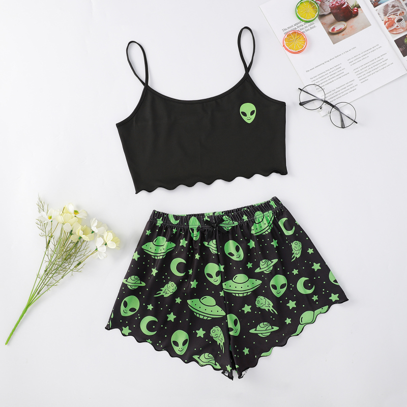 Halloween Sleepwear- Halloween Theme Print Galore Crop Top Shorts Pajama Set- Pattern5- IndioGear.com