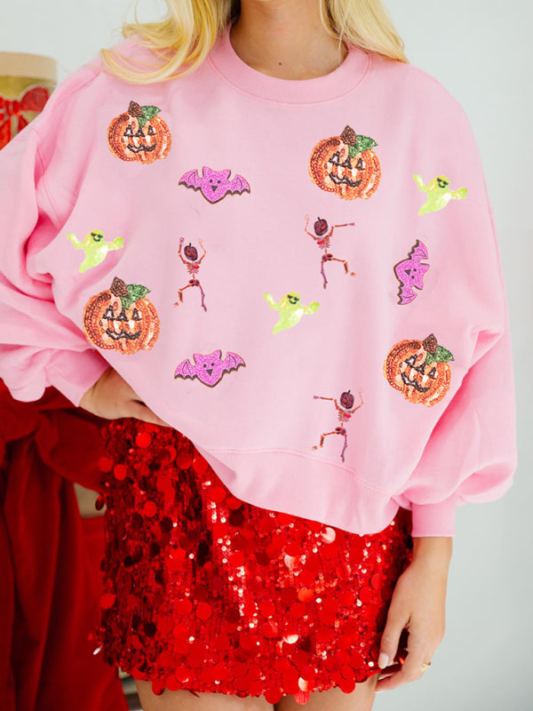 Halloween Sweatshirt- Halloween Multicolor Sequins Long Sleeve Sweatshirt Round Neck Top- Pink- IndioGear.com