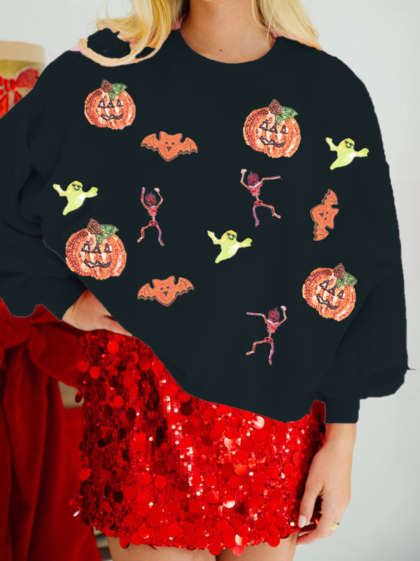 Halloween Sweatshirt- Halloween Multicolor Sequins Long Sleeve Sweatshirt Round Neck Top- Black- IndioGear.com