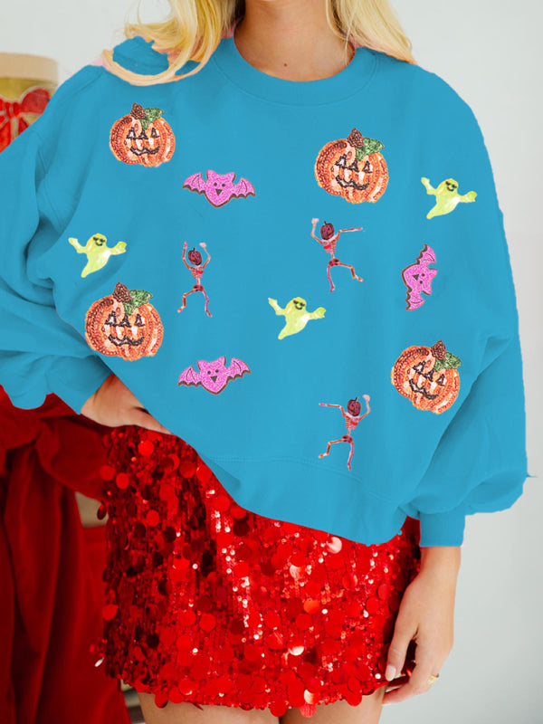 Halloween Sweatshirt- Halloween Multicolor Sequins Long Sleeve Sweatshirt Round Neck Top- Blue- IndioGear.com