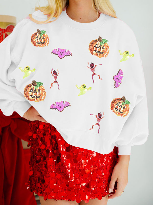 Halloween Sweatshirt- Halloween Multicolor Sequins Long Sleeve Sweatshirt Round Neck Top- White- IndioGear.com