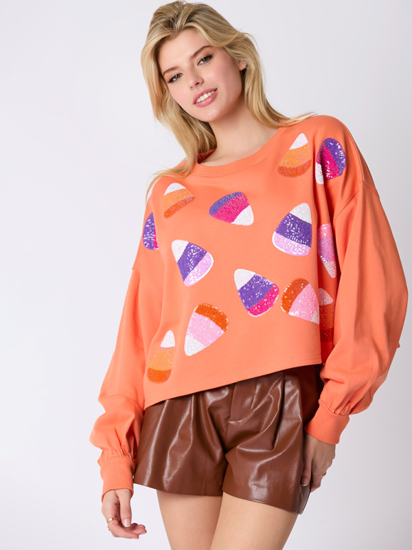 Halloween Sweatshirt- Halloween-Themed Sequin Candy Sweatshirt for Women- - IndioGear.com