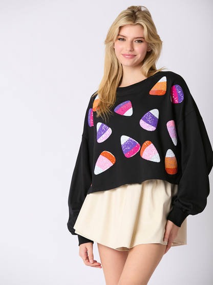 Halloween Sweatshirt- Halloween-Themed Sequin Candy Sweatshirt for Women- - IndioGear.com