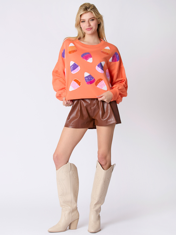 Halloween Sweatshirt- Halloween-Themed Sequin Candy Sweatshirt for Women- Orange- IndioGear.com