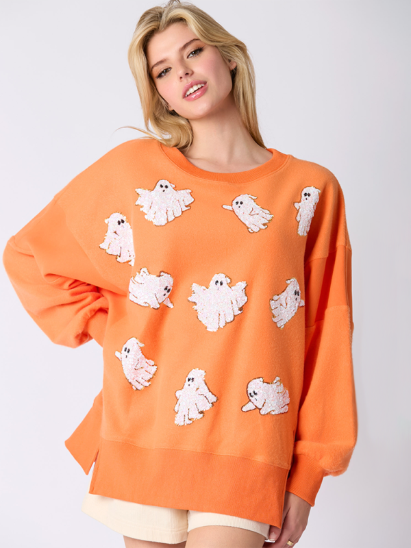 Halloween Sweatshirts- Ghostly Sequin Halloween Sweatshirt - Oversized Fit- Orange- IndioGear.com