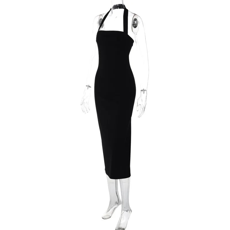 Halter Dresses- Slim Fit Black Backless Halter Dress- - IndioGear.com