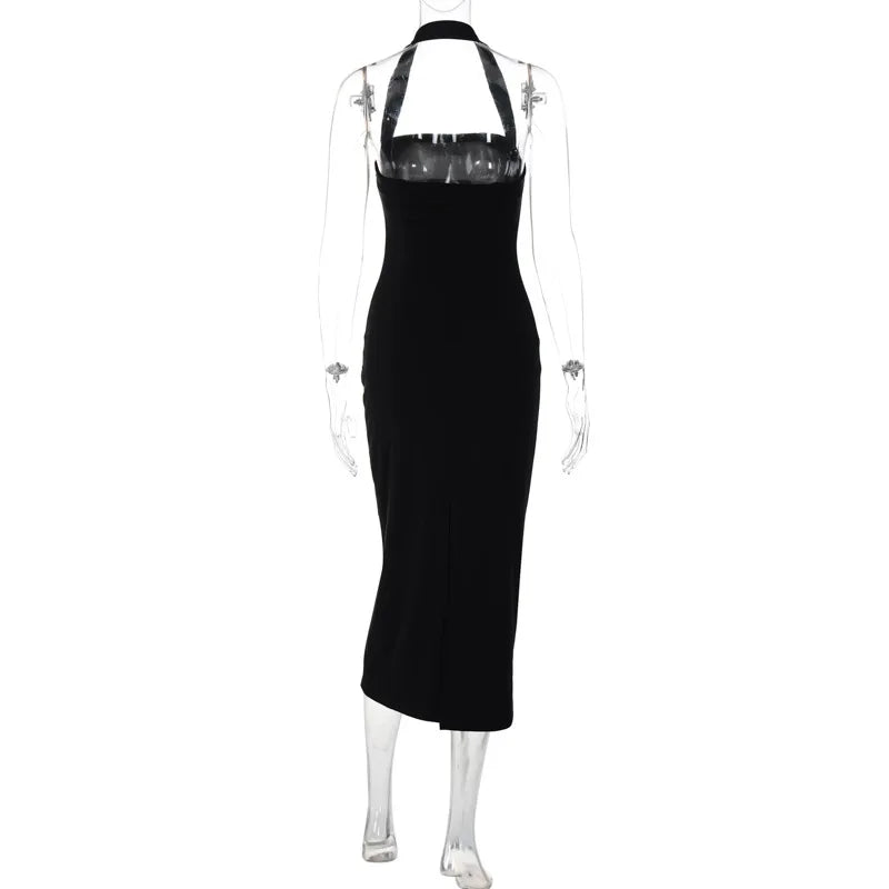 Halter Dresses- Slim Fit Black Backless Halter Dress- - IndioGear.com