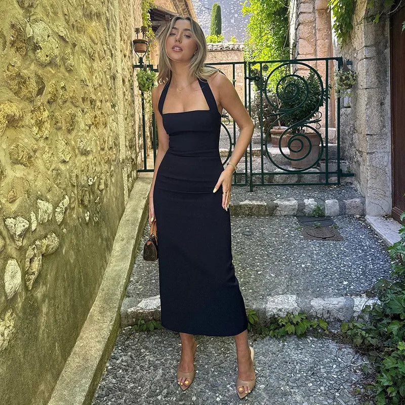 Halter Dresses- Slim Fit Black Backless Halter Dress- - IndioGear.com