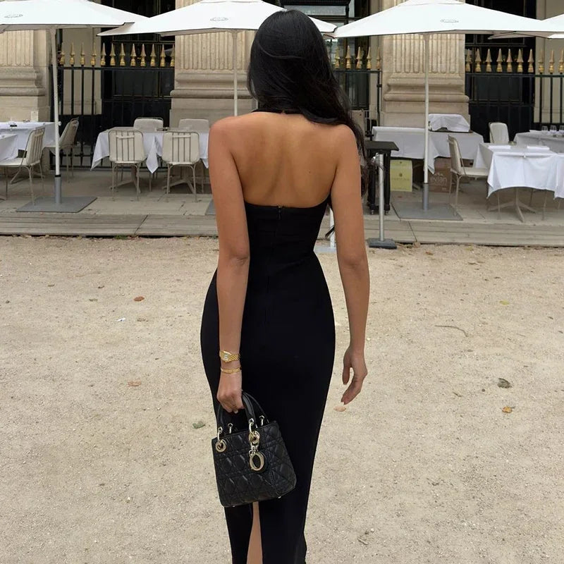 Halter Dresses- Slim Fit Black Backless Halter Dress- - IndioGear.com