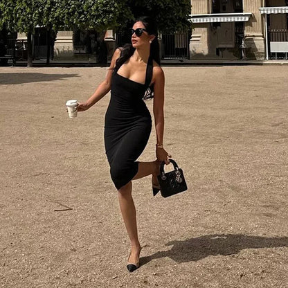 Halter Dresses- Slim Fit Black Backless Halter Dress- - IndioGear.com