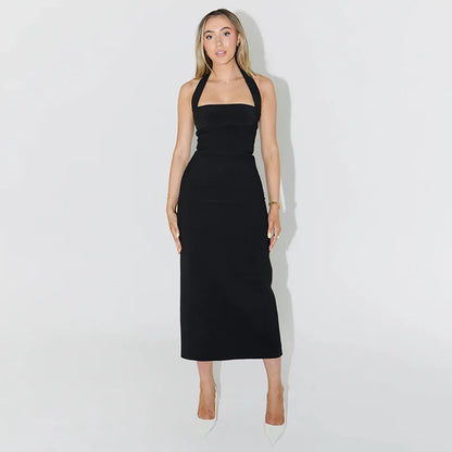 Halter Dresses- Slim Fit Black Backless Halter Dress- - IndioGear.com