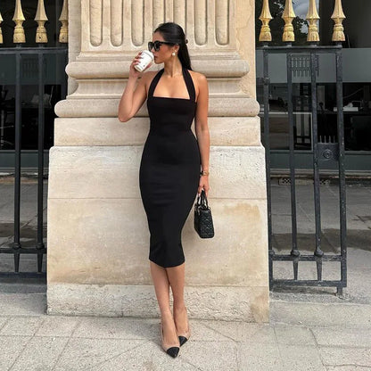 Halter Dresses- Slim Fit Black Backless Halter Dress- - IndioGear.com