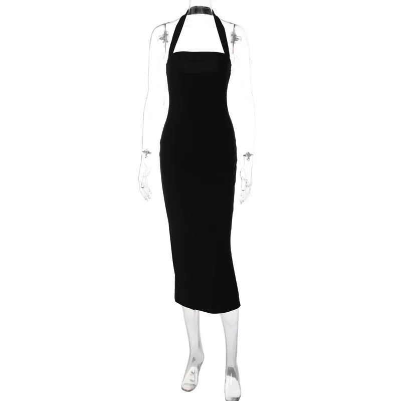 Halter Dresses- Slim Fit Black Backless Halter Dress- - IndioGear.com