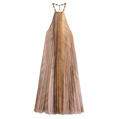 Halter Dresses- Sunset Drift Flowy Ombre Midi Dress with Beaded Neckline- - IndioGear.com