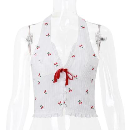 Halter Tops- Cherry Halter Crop Top with Ribbon Tie- - IndioGear.com