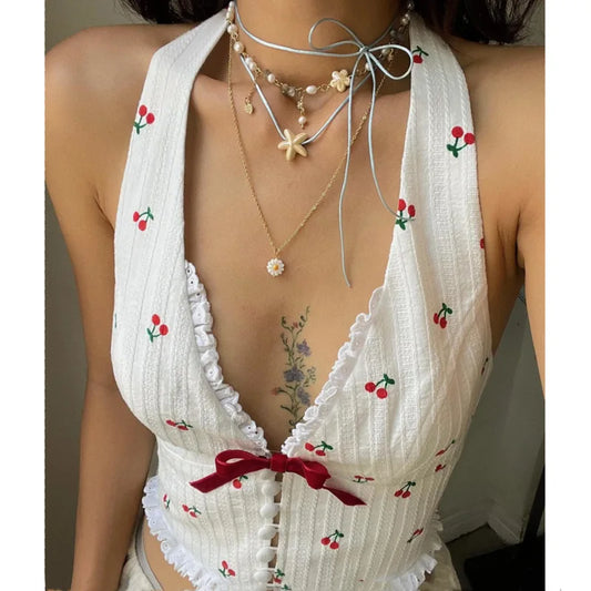 Halter Tops- Cherry Halter Crop Top with Ribbon Tie- - IndioGear.com