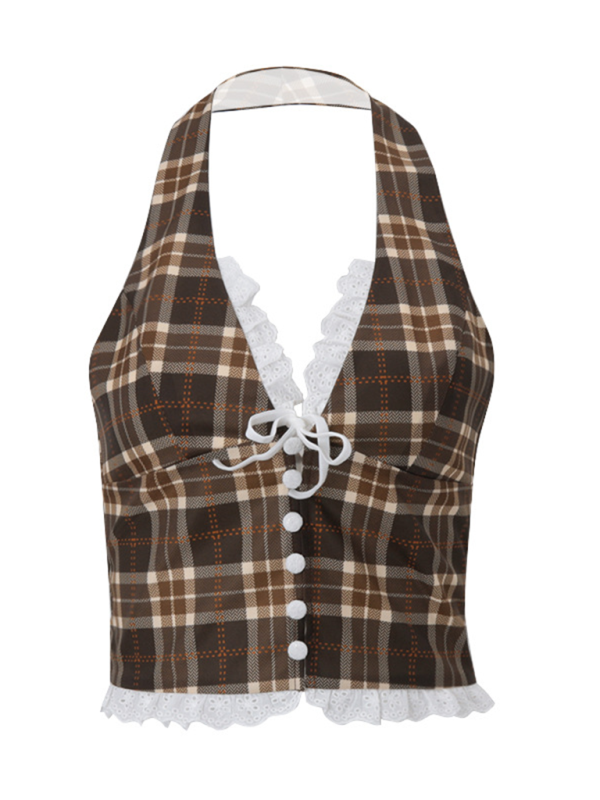 Halter Tops- Lace-Trimmed Plaid Halter Top for Women- - IndioGear.com