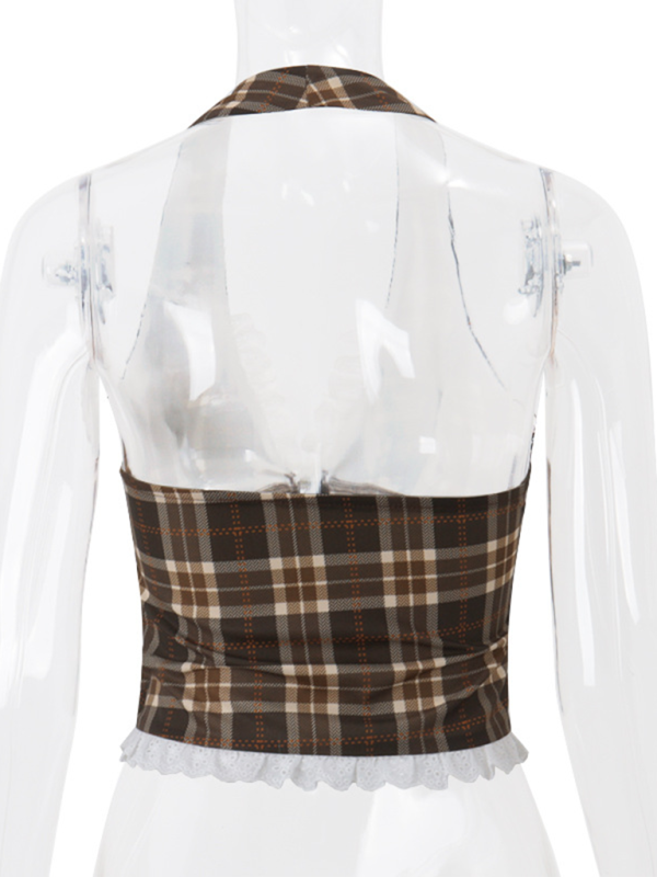 Halter Tops- Lace-Trimmed Plaid Halter Top for Women- - IndioGear.com