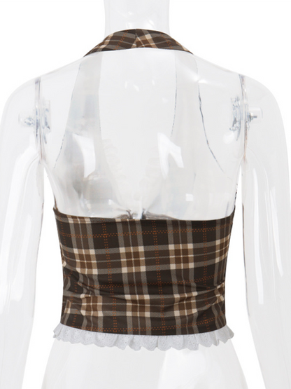 Halter Tops- Lace-Trimmed Plaid Halter Top for Women- - IndioGear.com