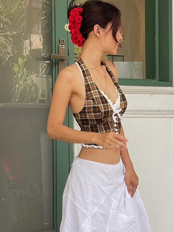 Halter Tops- Lace-Trimmed Plaid Halter Top for Women- - IndioGear.com