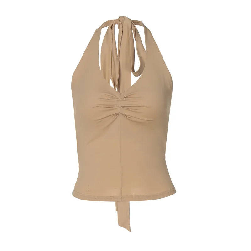 Halter Tops- Minimalist Beige Top with Ruched Detail- - IndioGear