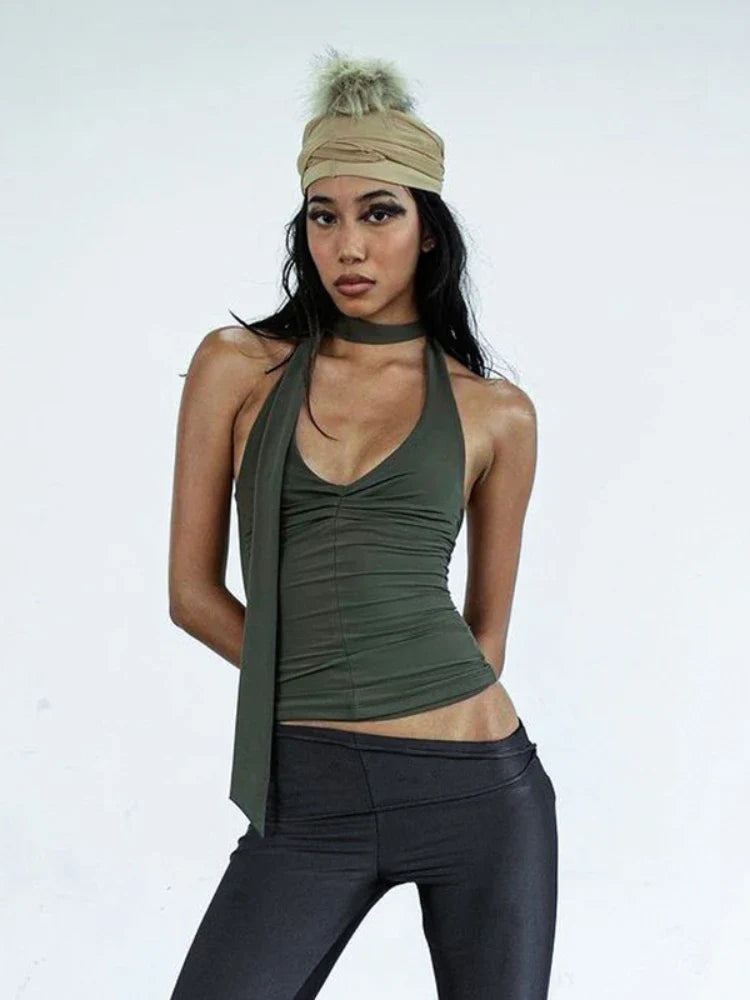 Halter Tops- Minimalist Beige Top with Ruched Detail- - IndioGear