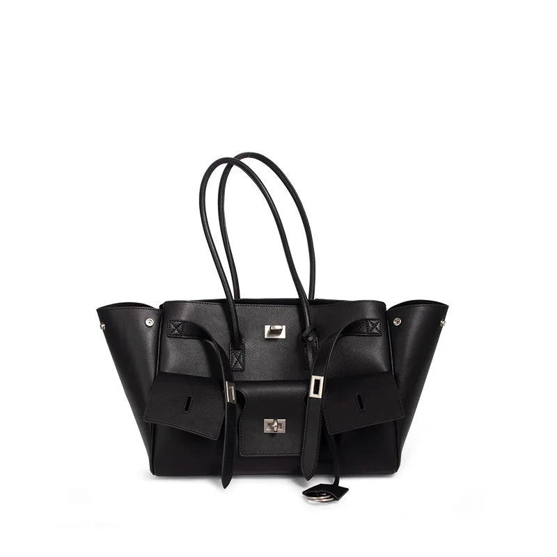 HandBags- Trendy Cowhide Tote with Modern Buckle Design- Black- IndioGear Women Clothing