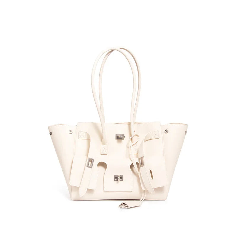 HandBags- Trendy Cowhide Tote with Modern Buckle Design- White- IndioGear Women Clothing