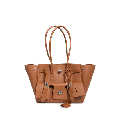 HandBags- Trendy Cowhide Tote with Modern Buckle Design- Brown- IndioGear Women Clothing