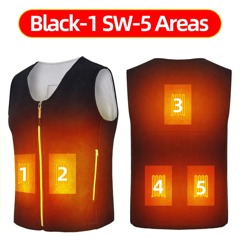 Heating Vests- Unisex 10 Zone Heat Vest – USB Powered Waistcoat in Fleece- Y05-Black-5 Areas- IndioGear Women Clothing