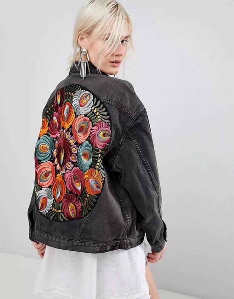 Denim Jackets- Floral Embroidered Patch on Back Denim Oversized Jacket- - IndioGear.com