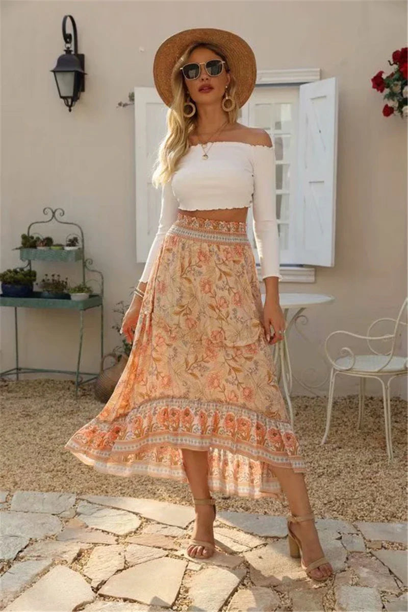 High-Low Skirts- Boho High-Low Floral Skirt- - IndioGear.com