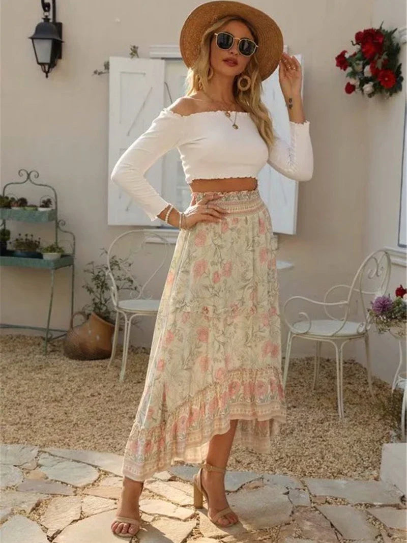 High-Low Skirts- Boho High-Low Floral Skirt- - IndioGear.com