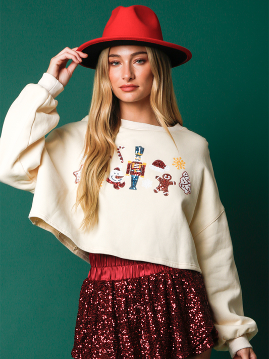 Holiday Sweatshirt- Festive Nutcracker Sequined Crop Sweatshirt - Holiday Special- White- IndioGear.com