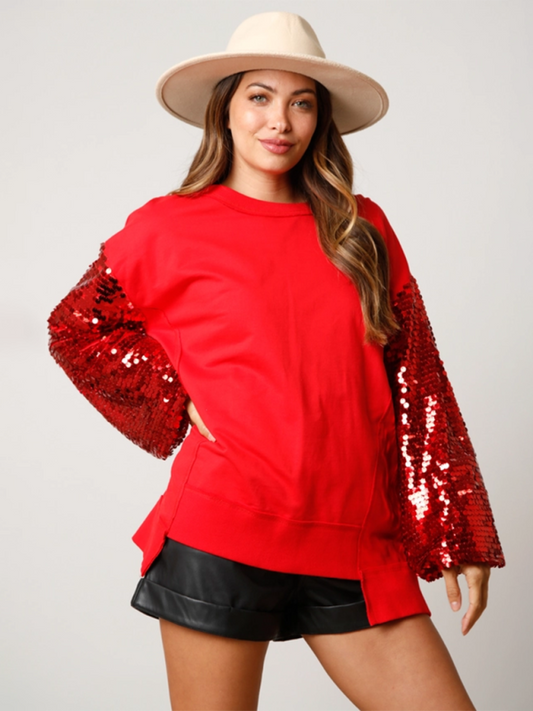 Holiday Sweatshirt- Sequined Angel Wings Christmas High-Low Sweatshirt- Red- IndioGear.com