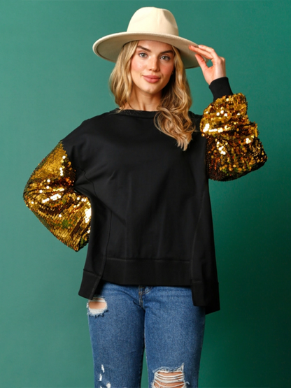 Holiday Sweatshirt- Sequined Angel Wings Christmas High-Low Sweatshirt- Golden- IndioGear.com