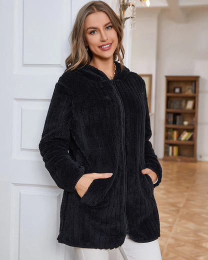 Hooded Cardigans- Women Roomy Fuzzy Hooded Jacket Cardigan for Chilly Days- Black- IndioGear.com