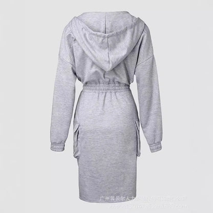 Hoodie Dresses - Cargo Hoodie Dress with Smocked Waist