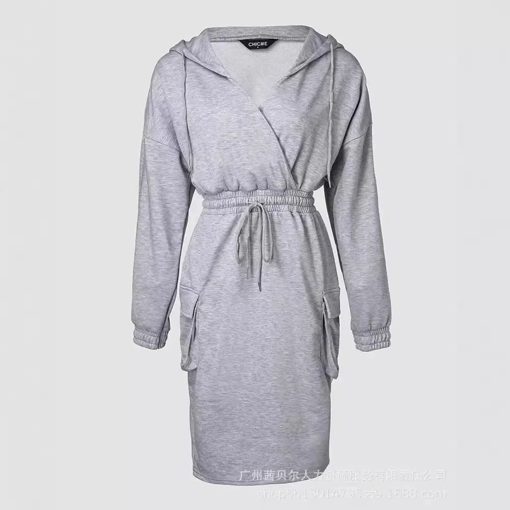 Hoodie Dresses - Cargo Hoodie Dress with Smocked Waist