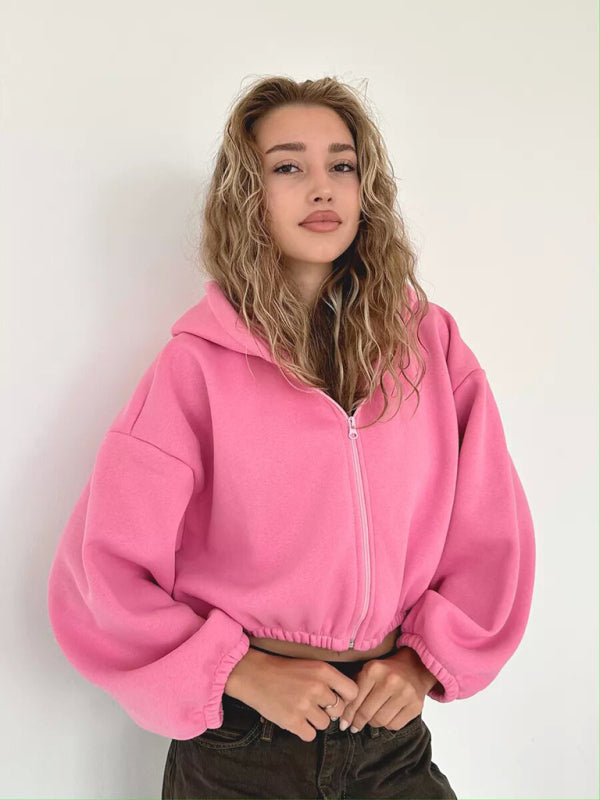 Hoodies- Crop Zip Hoodie Balloon Sleeve Sweatshirt- - IndioGear Women Clothing