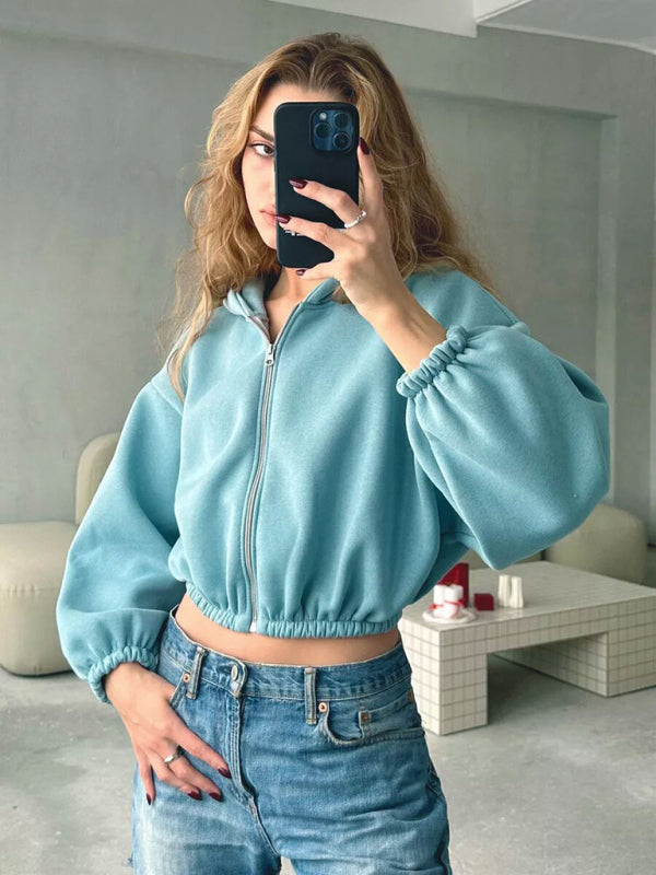 Hoodies- Crop Zip Hoodie Balloon Sleeve Sweatshirt- Sky blue azure- IndioGear Women Clothing