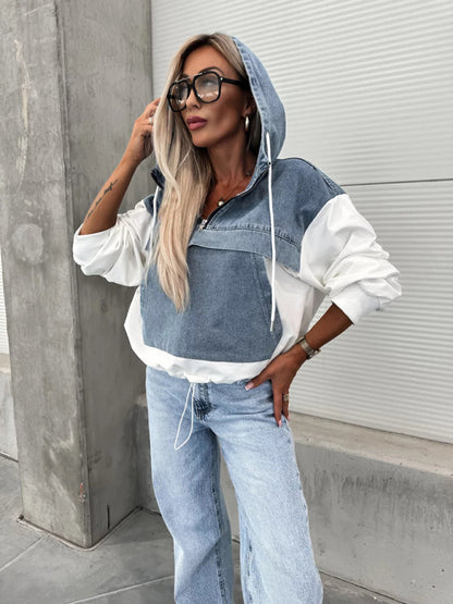 Hoodies- Denim Hoodie for Women Patchwork Sweatshirt- White- IndioGear Women Clothing