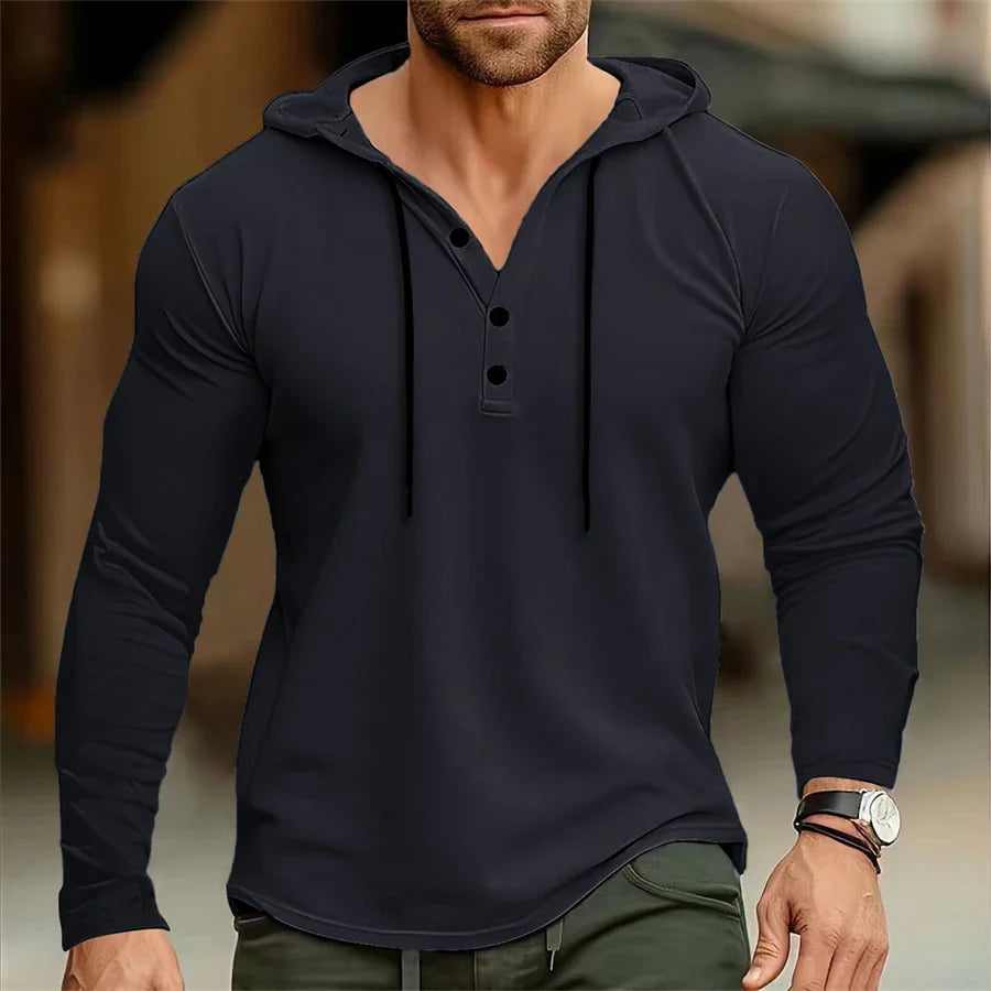 Hoodies- Casual Muscle-Fit Hoodie Athletic Fit Henley Pullover- - IndioGear