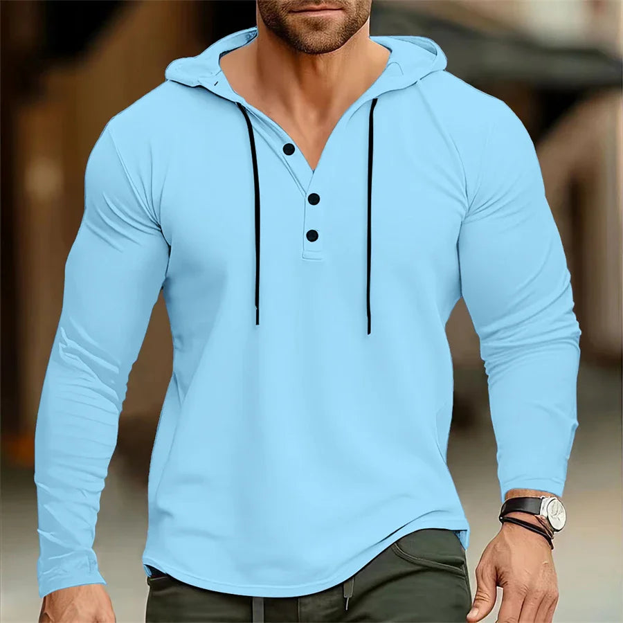 Hoodies- Casual Muscle-Fit Hoodie Athletic Fit Henley Pullover- - IndioGear